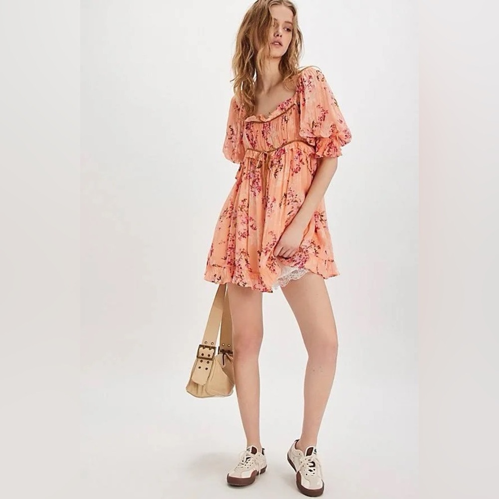 227. FREE PEOPLE Marney Mini Dress babydoll in Peach combo NWT $148 - Picture 6 of 10